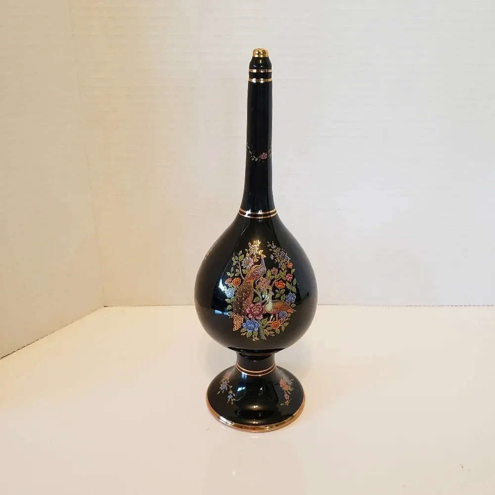 Vintage Dakas Rhodes  24.K Porcelain Black Peacocks/Floral Insence Holder.